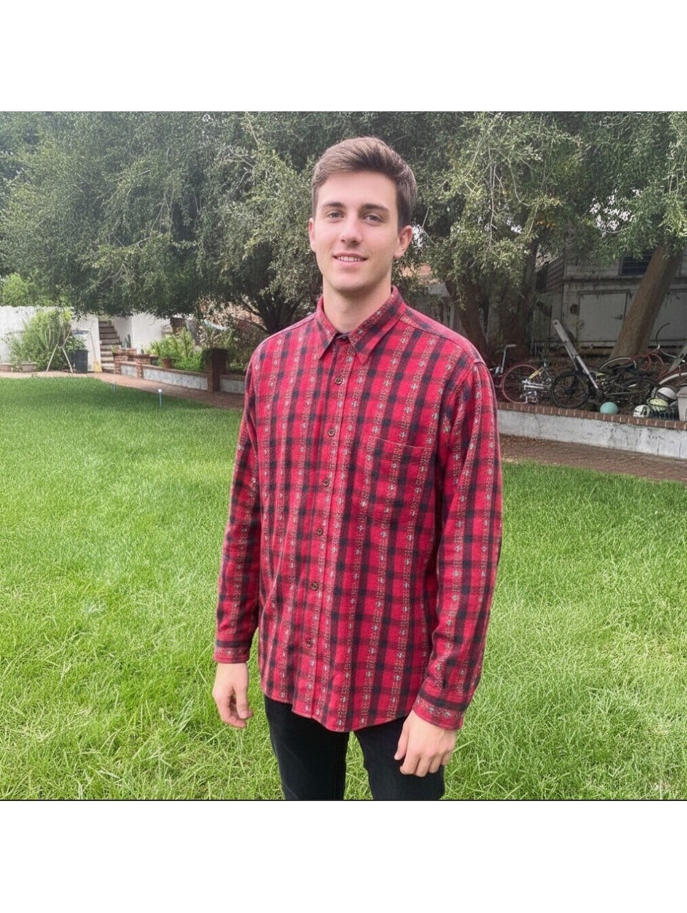 Lemon and soda plaid cowboy red print long sleeve size XL￼